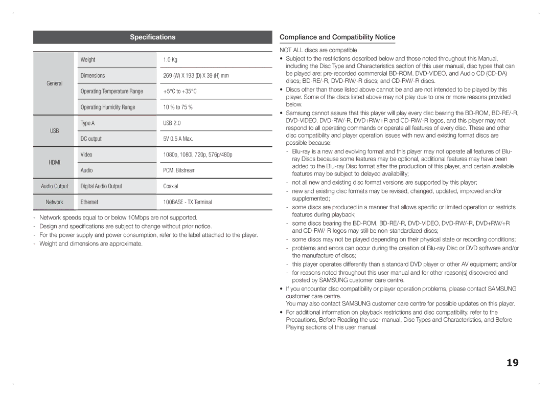 Samsung BD-F5100/EN, BD-F5100/TK, BD-F5100/XN, BD-F5100/ZF, BD-F5100/XE Specifications, Compliance and Compatibility Notice 