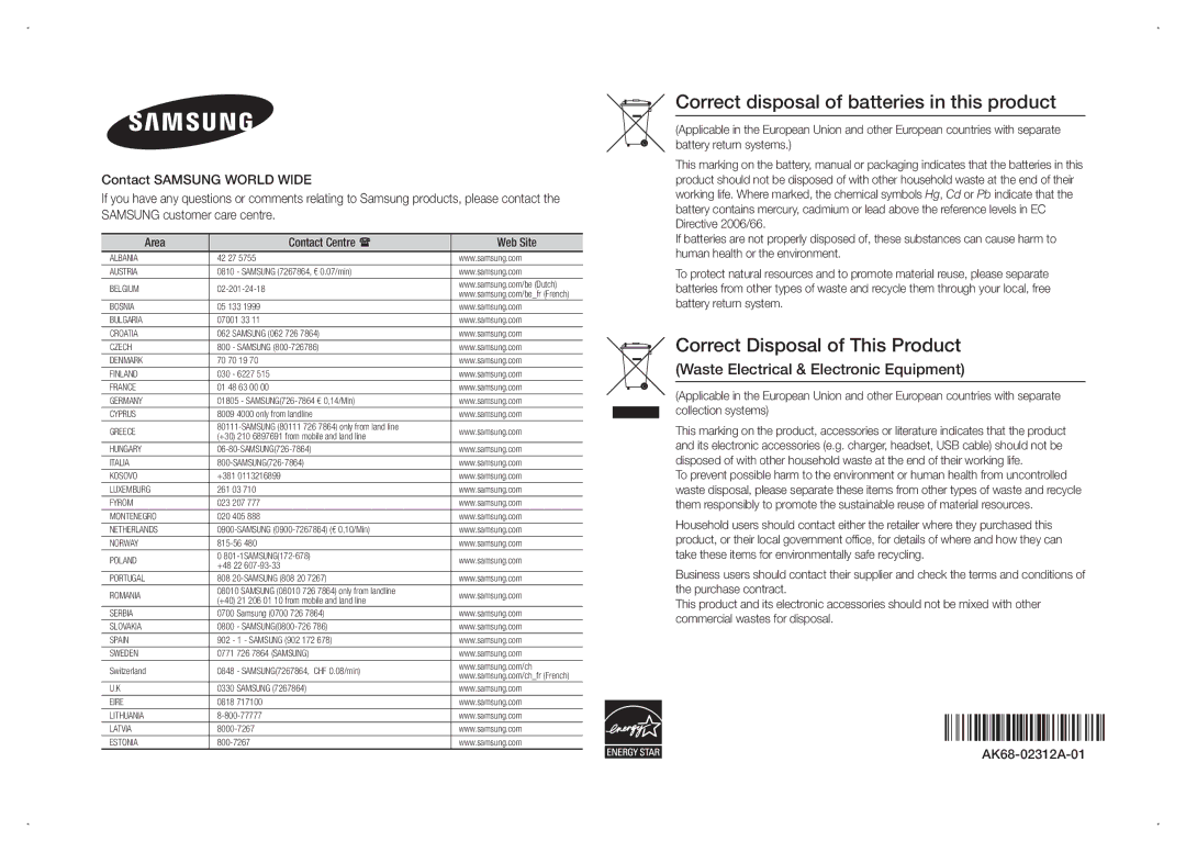 Samsung BD-F5100/TK, BD-F5100/XN Correct disposal of batteries in this product, Waste Electrical & Electronic Equipment 