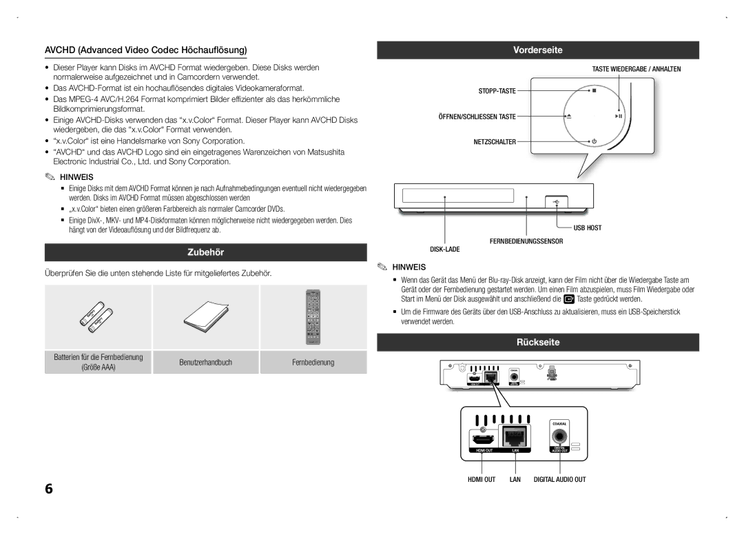 Samsung BD-F5100/XN manual Avchd Advanced Video Codec Höchauflösung, Zubehör, Vorderseite, Rückseite, Benutzerhandbuch 