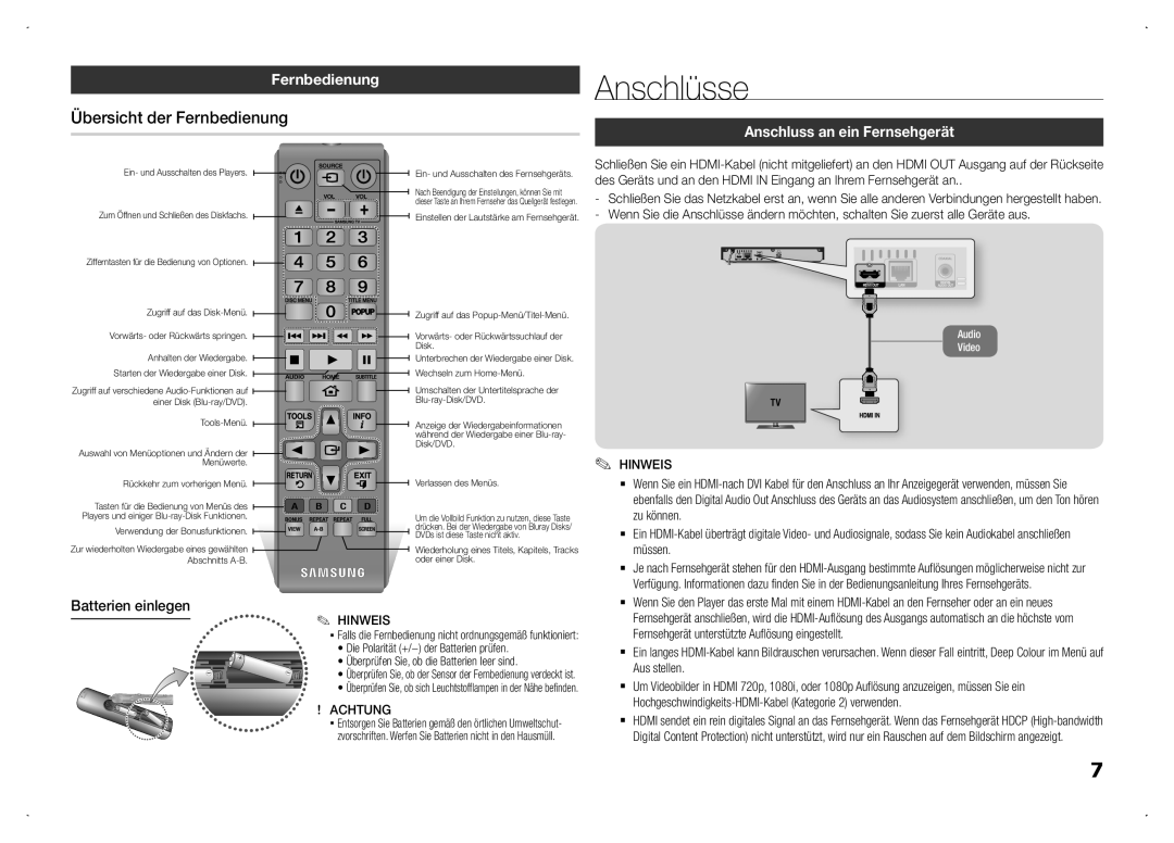 Samsung BD-F5100/EN manual Anschlüsse, Übersicht der Fernbedienung, Anschluss an ein Fernsehgerät, Batterien einlegen 