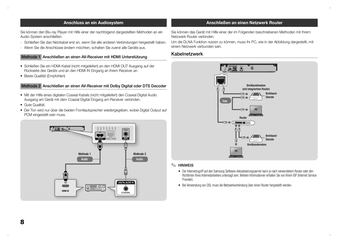 Samsung BD-F5100/ZF, BD-F5100/TK manual Kabelnetzwerk, Anschluss an ein Audiosystem, Anschließen an einen Netzwerk Router 