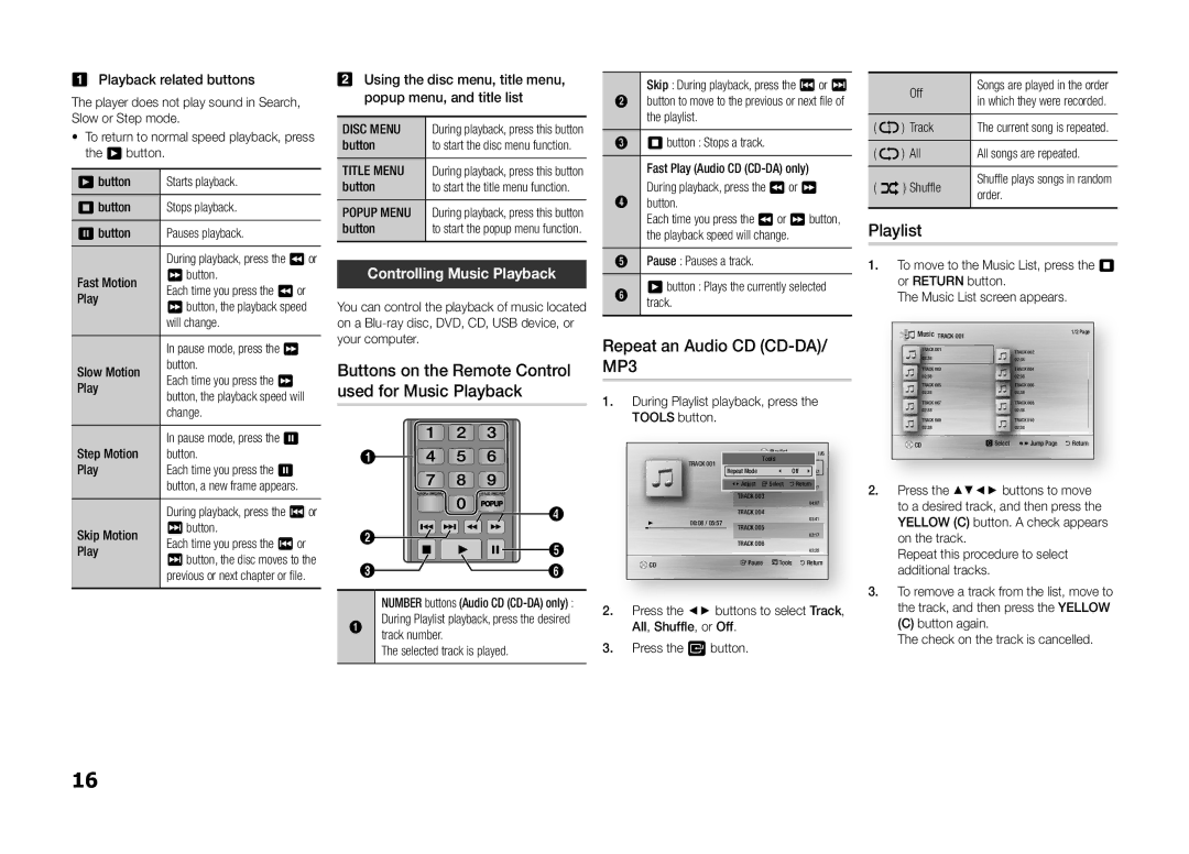 Samsung BD-F5100/XN, BD-F5100/TK, BD-F5100/EN manual Repeat an Audio CD CD-DA/ MP3, Playlist, Controlling Music Playback 