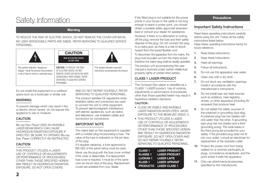 Samsung BD-F5100/EN Safety Information, Important Safety Instructions, Precautions, Class 1 Laser Product, Important Note 