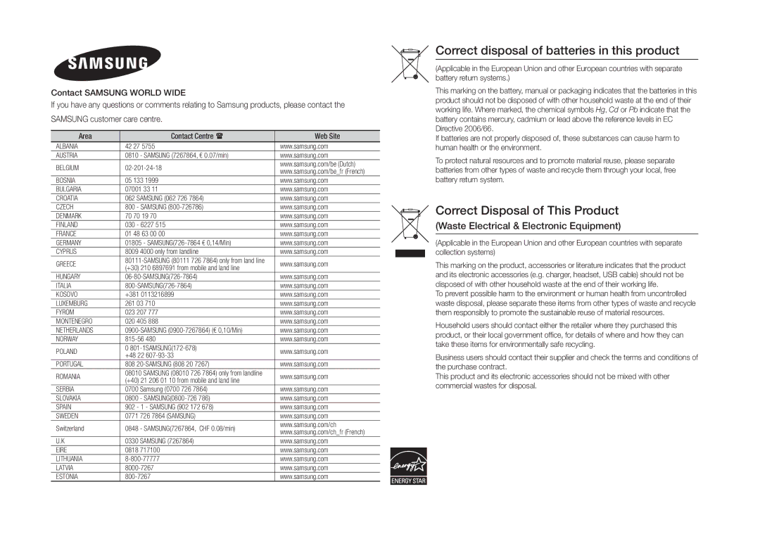 Samsung BD-F5100/EN, BD-F5100/TK, BD-F5100/XN, BD-F5100/ZF, BD-F5100/XE manual Waste Electrical & Electronic Equipment 