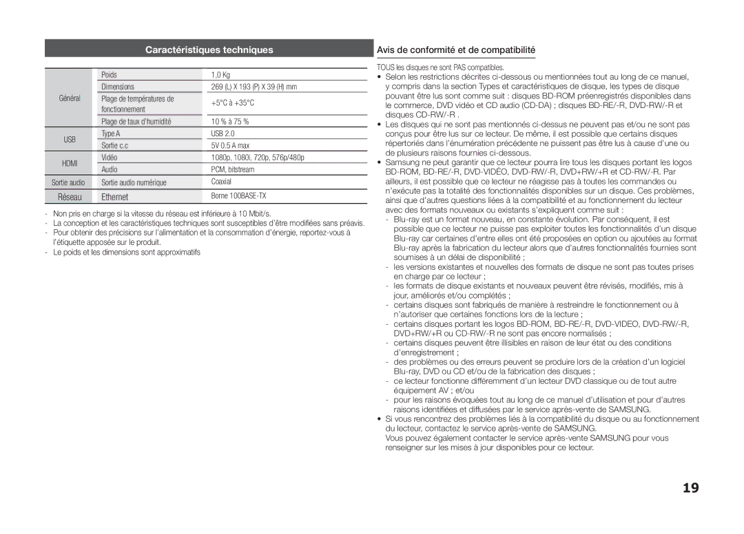 Samsung BD-F5100/XN, BD-F5100/TK Caractéristiques techniques, Ethernet, Avis de conformité et de compatibilité, Poids Kg 