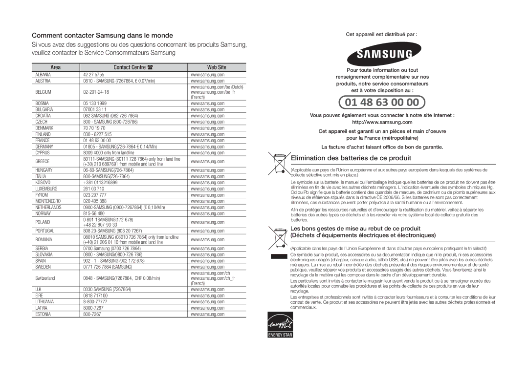 Samsung BD-F5100/TK, BD-F5100/XN Comment contacter Samsung dans le monde, Elimination des batteries de ce produit, French 