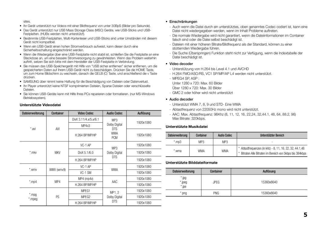 Samsung BD-F5100/TK, BD-F5100/XN manual Sites, Abtastfrequenz von 22050Hz mono wird nicht unterstützt, Max Bitrate 320kbps 