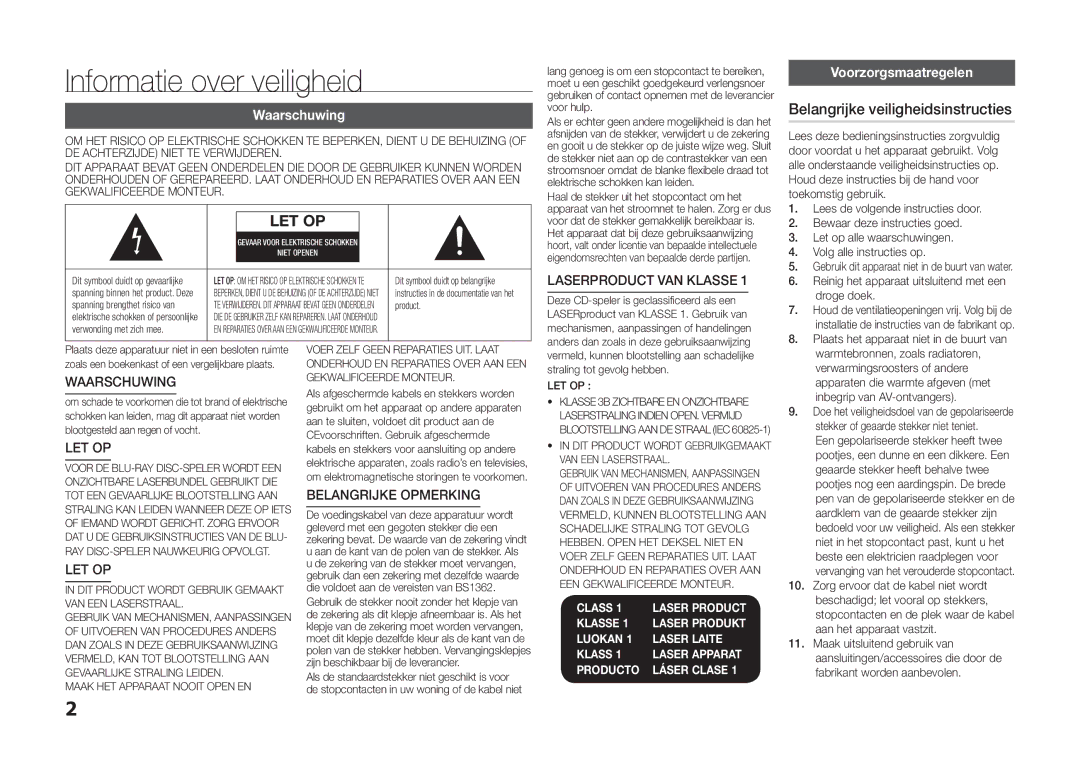 Samsung BD-F5100/TK Informatie over veiligheid, Belangrijke veiligheidsinstructies, Waarschuwing, Voorzorgsmaatregelen 