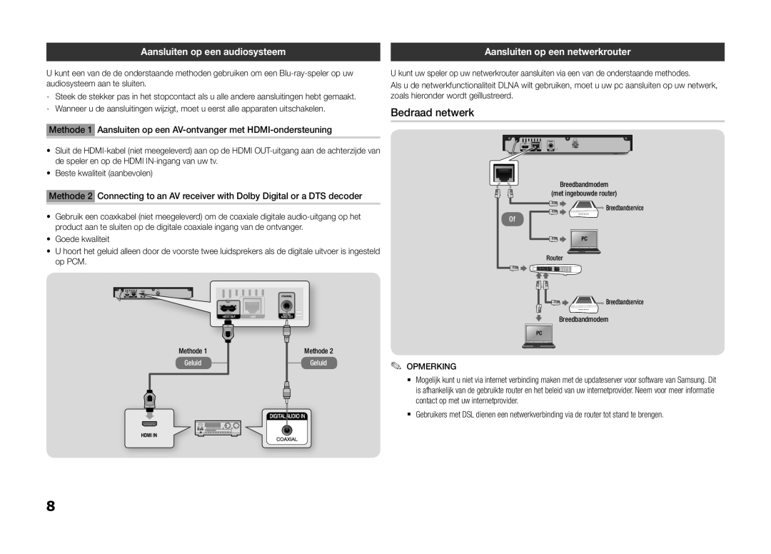 Samsung BD-F5100/XN, BD-F5100/TK, BD-F5100/EN manual Bedraad netwerk, Aansluiten op een audiosysteem, Goede kwaliteit, Op PCM 