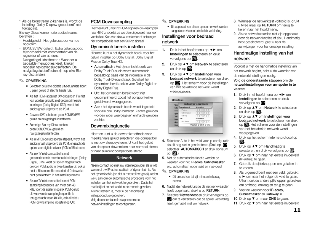 Samsung BD-F5100/XE Downmixingfunctie, Instellingen voor bedraad netwerk, Handmatige instelling van het netwerk, Netwerk 