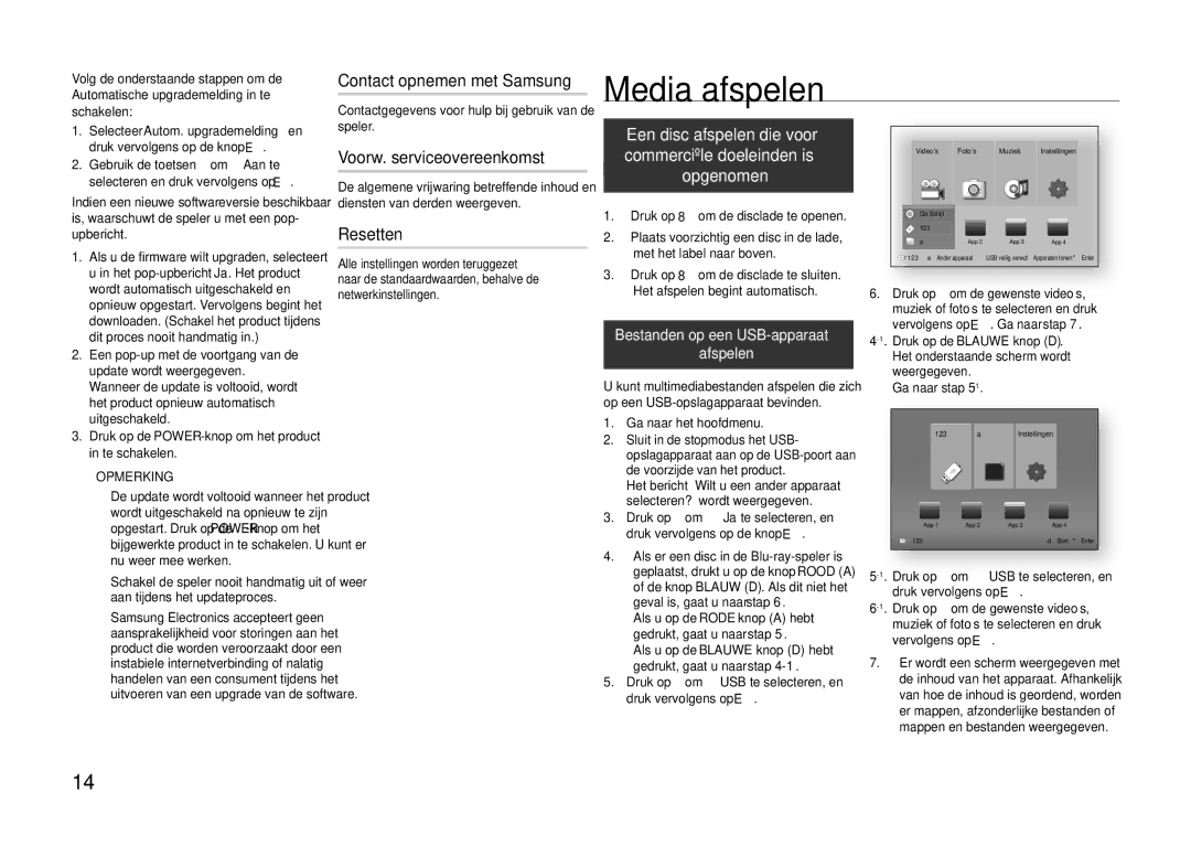 Samsung BD-F5100/EN, BD-F5100/TK manual Media afspelen, Contact opnemen met Samsung, Voorw. serviceovereenkomst, Resetten 