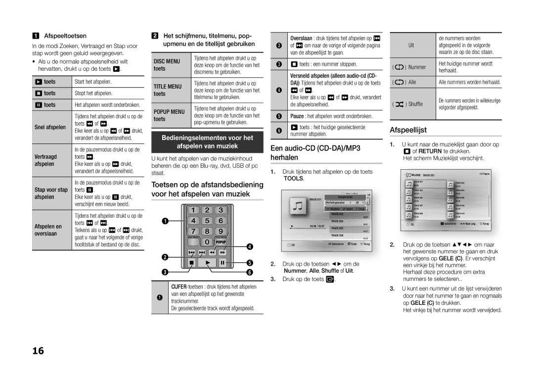 Samsung BD-F5100/XE, BD-F5100/TK, BD-F5100/XN Een audio-CD CD-DA/MP3 herhalen, Afspeellijst, Afspelen van muziek, Tools 