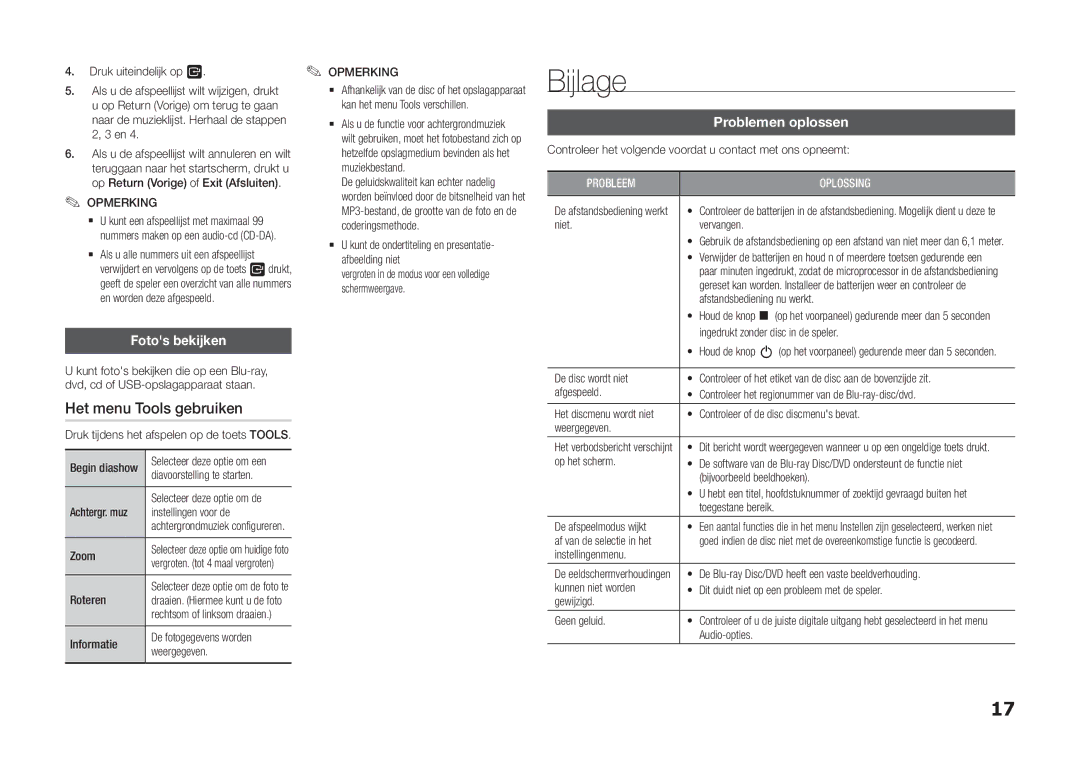 Samsung BD-F5100/TK, BD-F5100/XN, BD-F5100/EN manual Bijlage, Het menu Tools gebruiken, Fotos bekijken, Problemen oplossen 