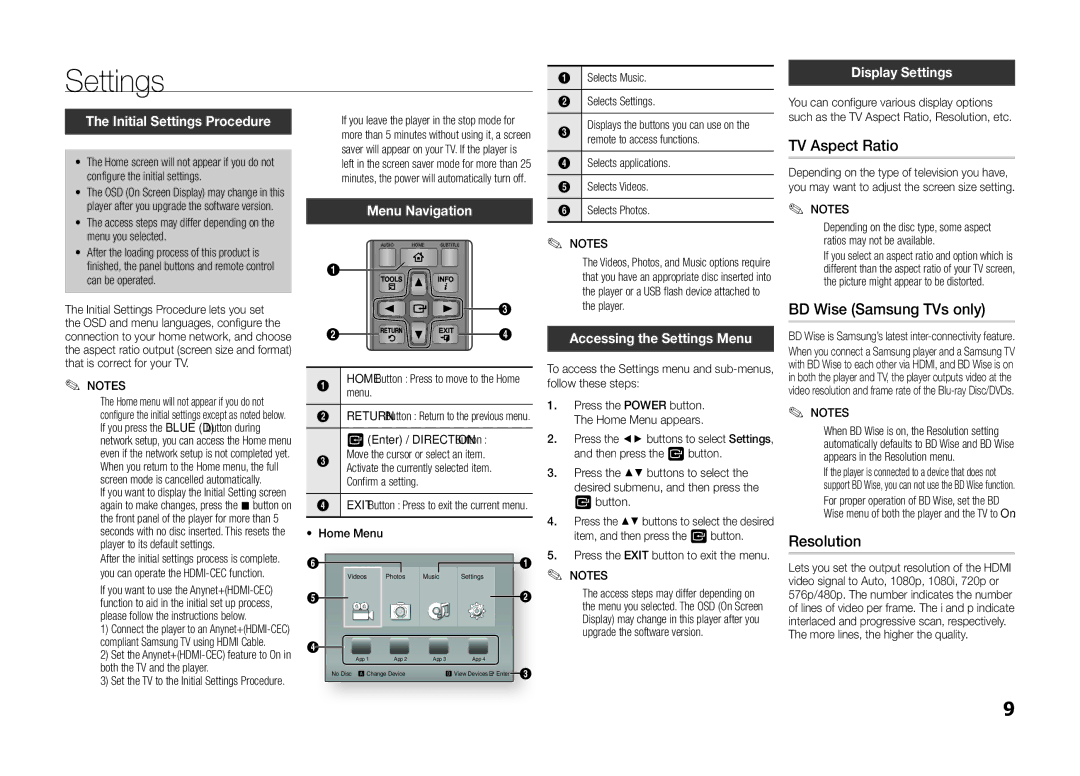 Samsung BD-F5100/XE, BD-F5100/TK, BD-F5100/XN, BD-F5100/EN Settings, TV Aspect Ratio, BD Wise Samsung TVs only, Resolution 