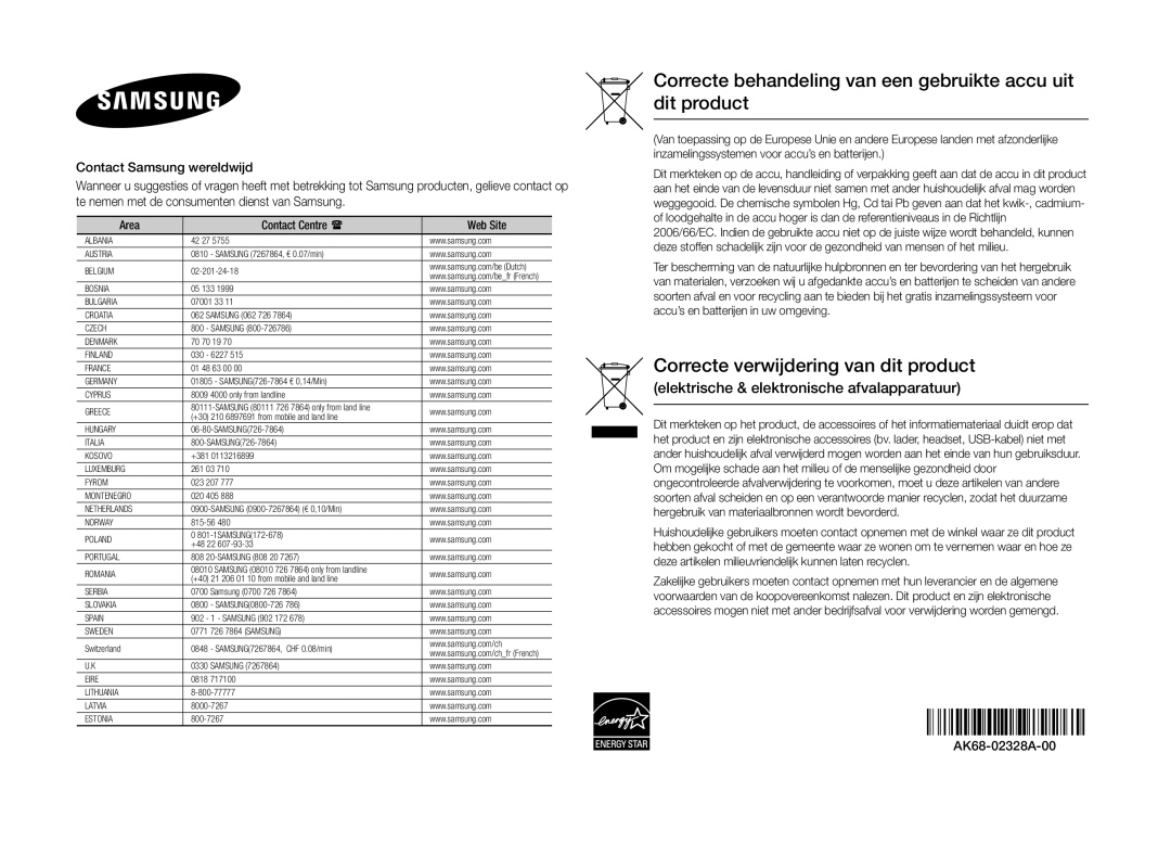 Samsung BD-F5100/XN, BD-F5100/TK, BD-F5100/EN Correcte behandeling van een gebruikte accu uit dit product, AK68-02328A-00 