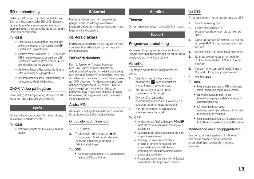 Samsung BD-F5100/XE manual BD-datahantering, DivX Video på begäran, BD-föräldraklass, DVD-föräldraklass, Ändra PIN, Tidszon 