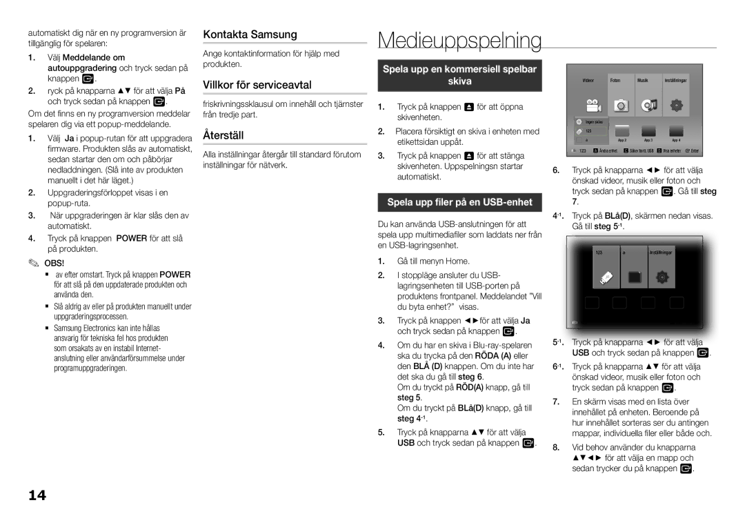 Samsung BD-F5100/XE manual Medieuppspelning, Kontakta Samsung, Villkor för serviceavtal, Återställ 