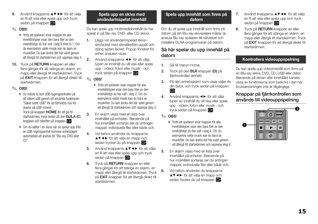 Samsung BD-F5100/XE manual Så här spelar du upp innehåll på datorn, Spela upp innehåll som finns på Datorn 