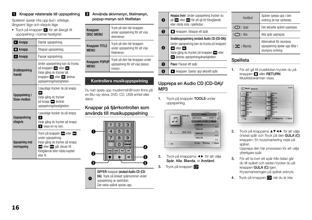 Samsung BD-F5100/XE manual Upprepa en Audio CD CD-DA/ MP3, Spellista, Kontrollera musikuppspelning, Disc Menu 