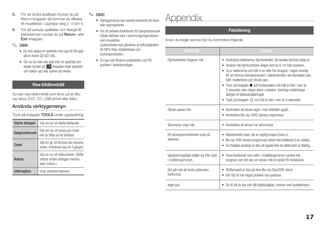 Samsung BD-F5100/XE manual Appendix, Använda verktygsmenyn, Visa bildinnehåll, Felsökning 