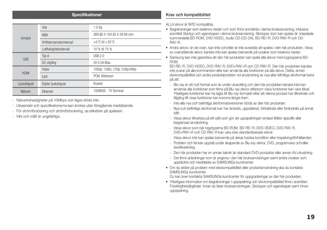 Samsung BD-F5100/XE manual Specifikationer, Krav och kompatibilitet 