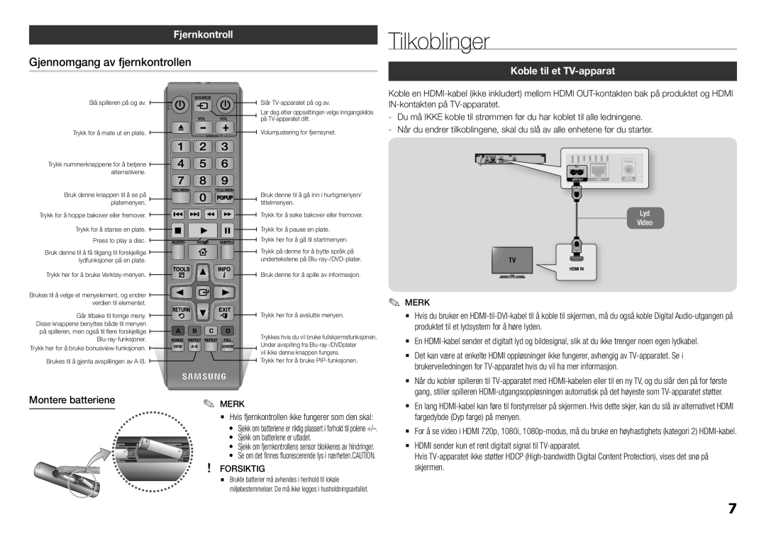 Samsung BD-F5100/XE manual Tilkoblinger, Gjennomgang av fjernkontrollen, Fjernkontroll, Koble til et TV-apparat 