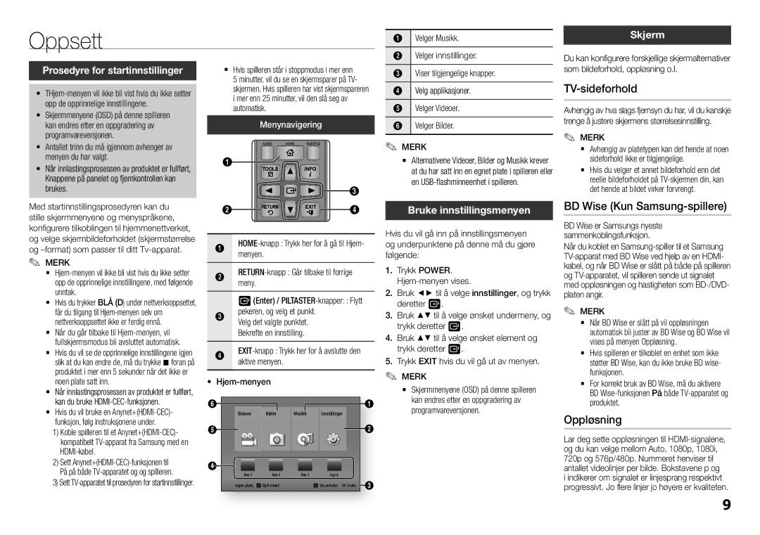 Samsung BD-F5100/XE manual Oppsett, TV-sideforhold, BD Wise Kun Samsung-spillere, Oppløsning 