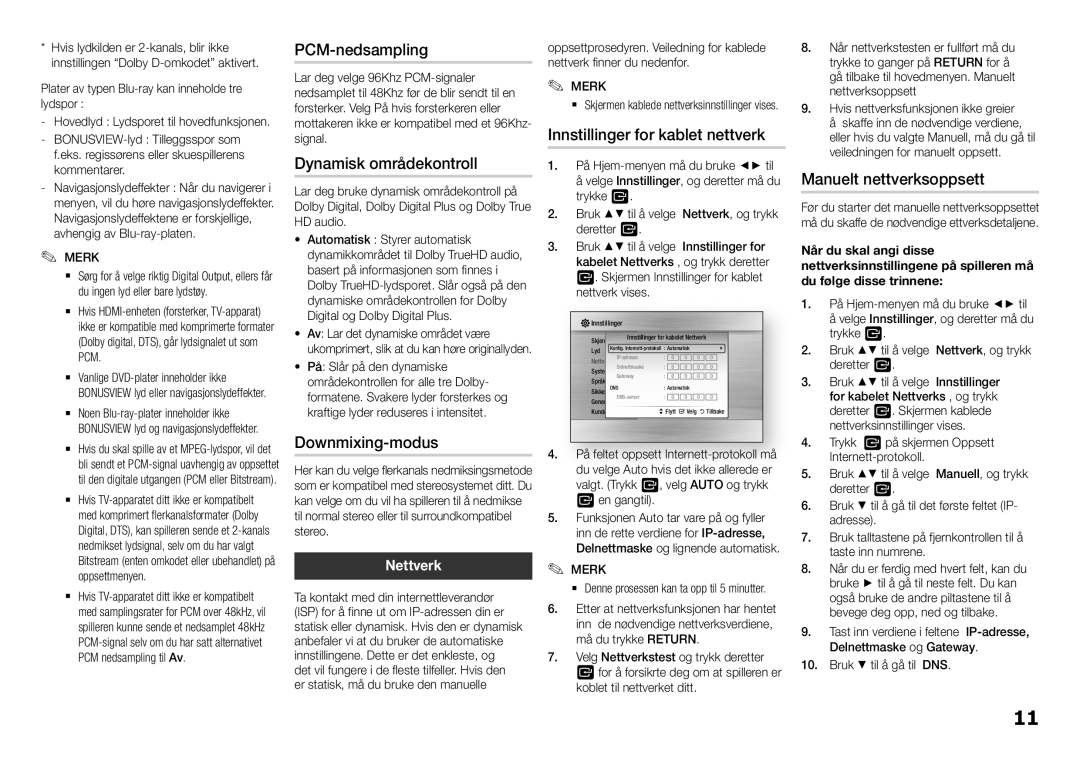 Samsung BD-F5100/XE Dynamisk områdekontroll, Downmixing-modus, Innstillinger for kablet nettverk, Manuelt nettverksoppsett 