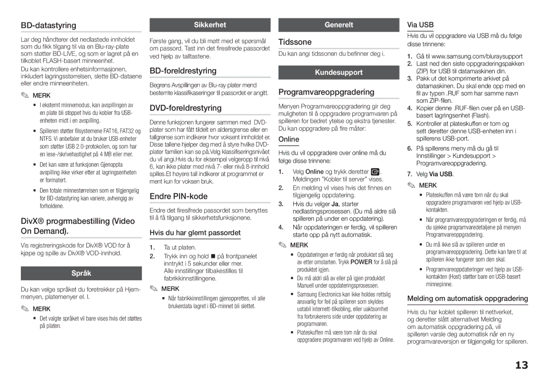 Samsung BD-F5100/XE manual BD-datastyring, DivX progrmabestilling Video On Demand, BD-foreldrestyring, DVD-foreldrestyring 