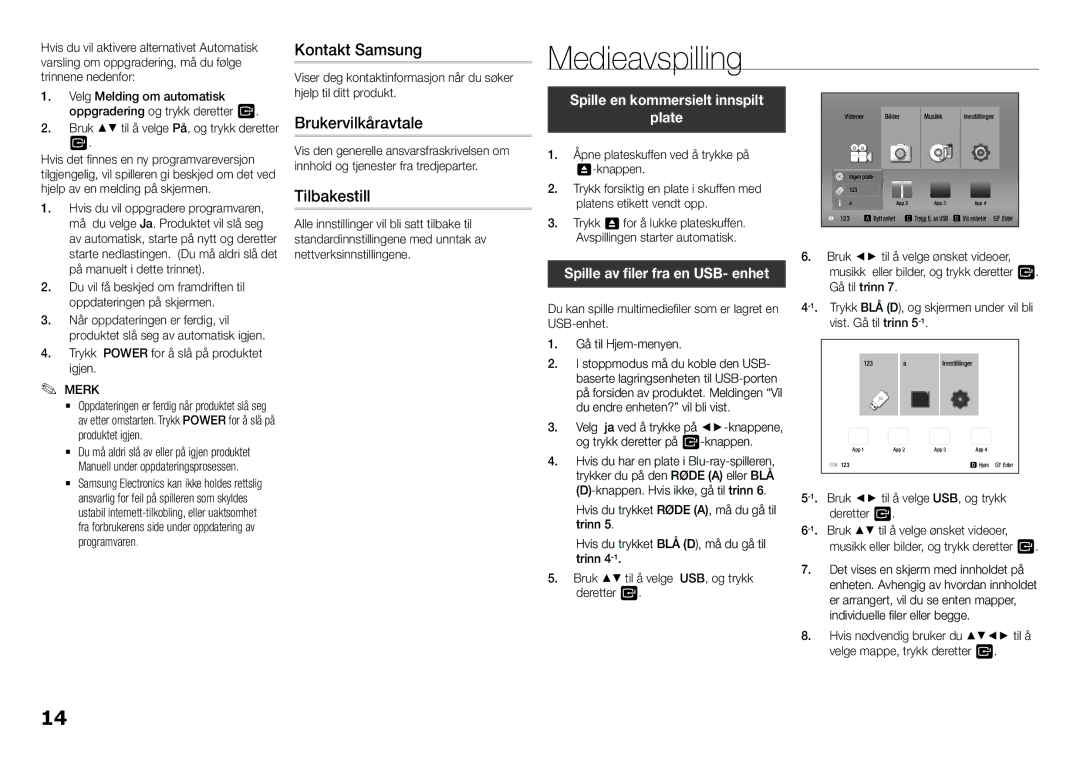 Samsung BD-F5100/XE manual Medieavspilling, Kontakt Samsung, Brukervilkåravtale, Tilbakestill 