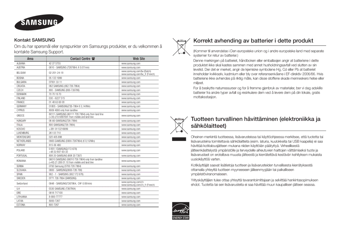 Samsung BD-F5100/XE manual Korrekt avhending av batterier i dette produkt 