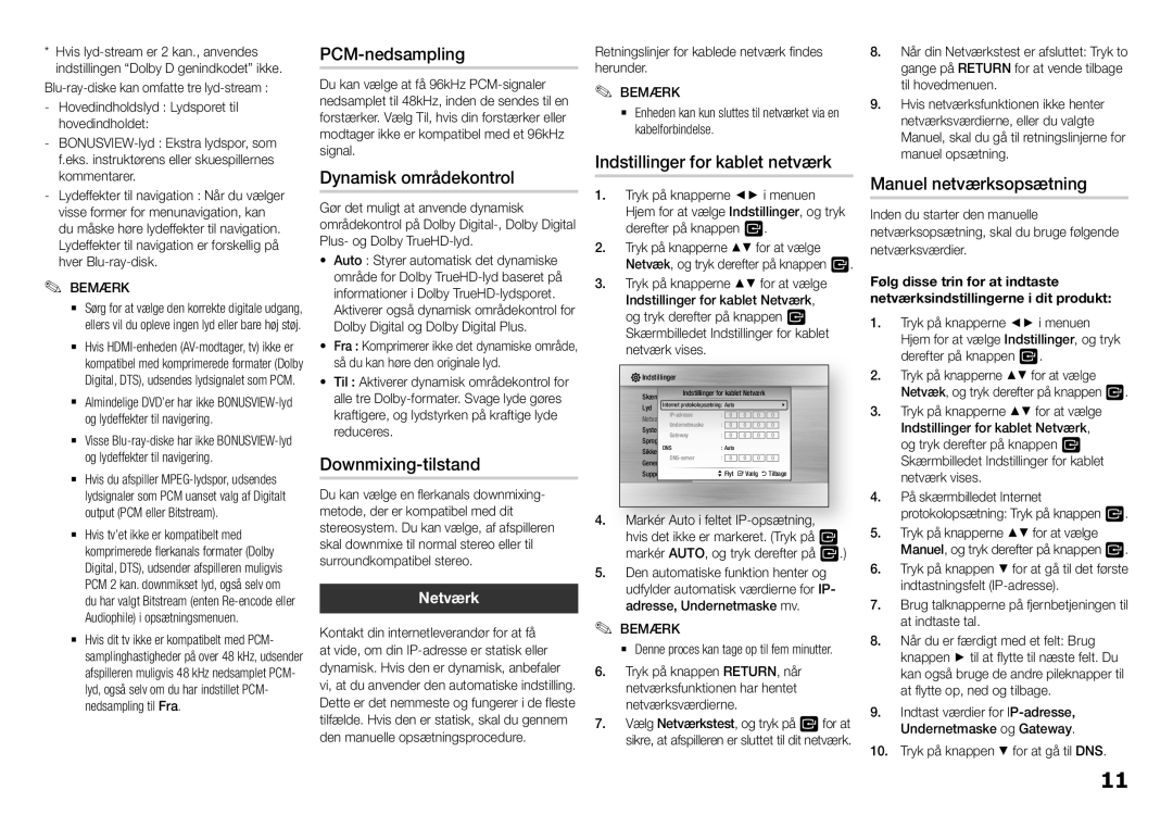 Samsung BD-F5100/XE manual Dynamisk områdekontrol, Downmixing-tilstand, Indstillinger for kablet netværk, Netværk 