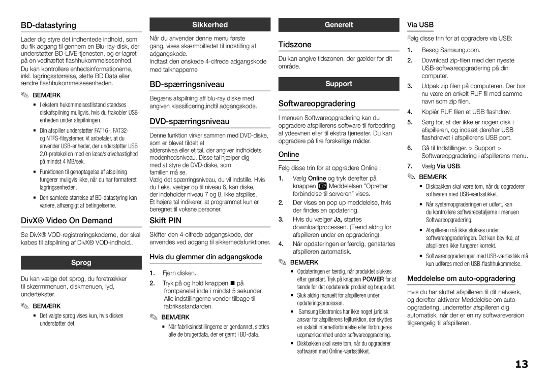 Samsung BD-F5100/XE manual Tidszone, Softwareopgradering, Sprog, Meddelelse om auto-opgradering 