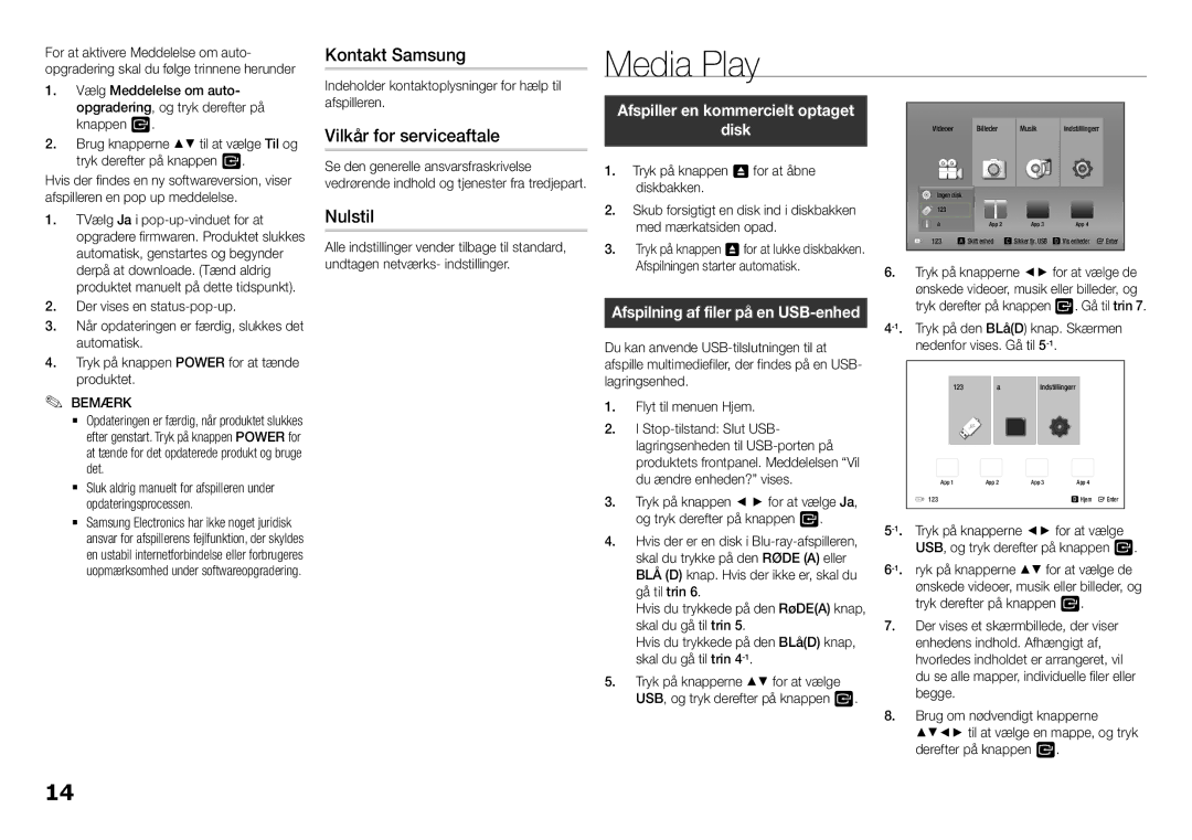 Samsung BD-F5100/XE manual Media Play, Vilkår for serviceaftale, Nulstil, Afspiller en kommercielt optaget Disk 