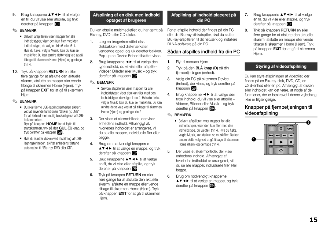 Samsung BD-F5100/XE manual Knapper på fjernbetjeningen til videoafspilning, Optaget af brugeren, Styring af videoafspilning 