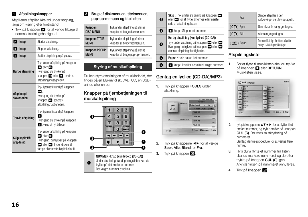 Samsung BD-F5100/XE manual Knapper på fjernbetjeningen til musikafspilning, Gentag en lyd-cd CD-DA/MP3, Afspilningsliste 