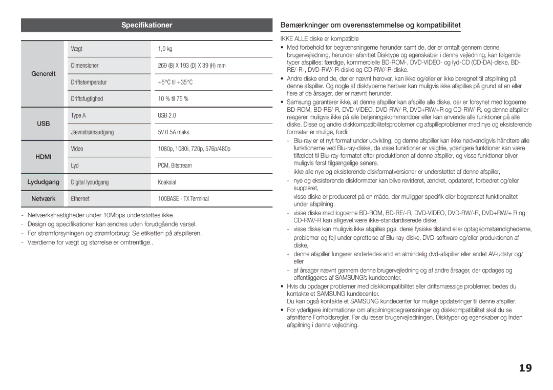 Samsung BD-F5100/XE manual Bemærkninger om overensstemmelse og kompatibilitet, Type a USB, Ikke Alle diske er kompatible 