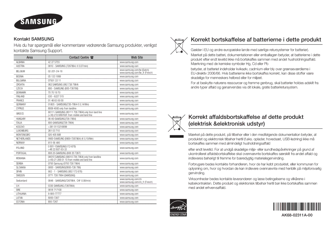 Samsung BD-F5100/XE manual Korrekt bortskaffelse af batterierne i dette produkt 