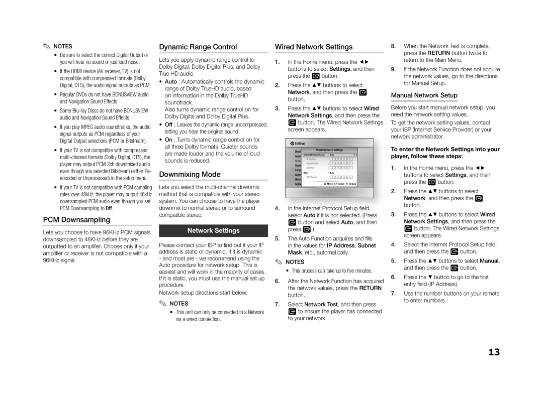 Samsung BD-f5500e user manual Dynamic Range Control, PCM Downsampling, Downmixing Mode, Network Settings 