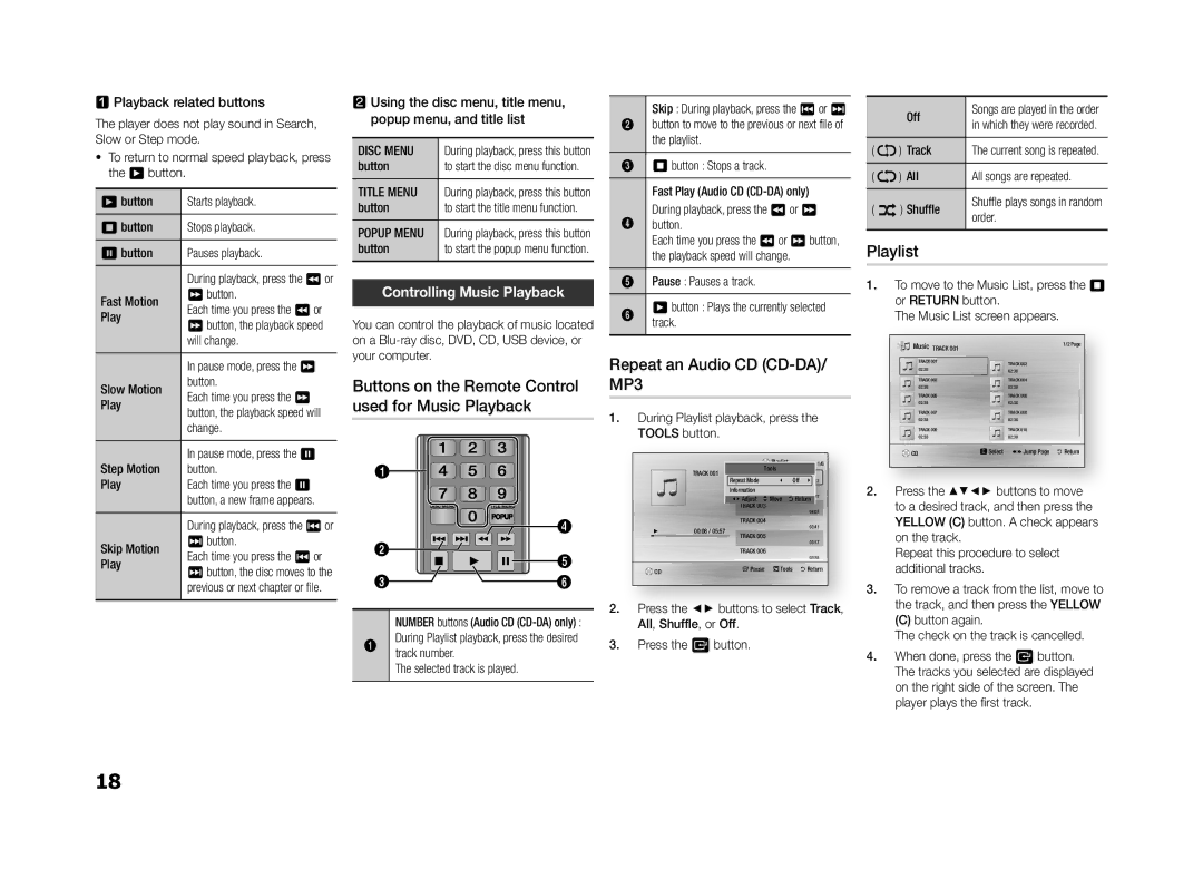 Samsung BD-f5500e user manual Repeat an Audio CD CD-DA/ MP3, Playlist, Controlling Music Playback 