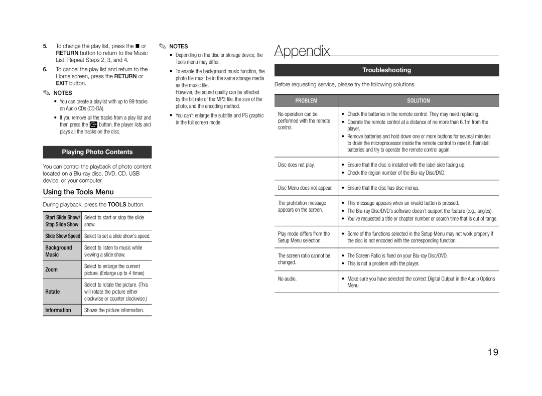 Samsung BD-f5500e user manual Appendix, Using the Tools Menu, Playing Photo Contents, Troubleshooting 