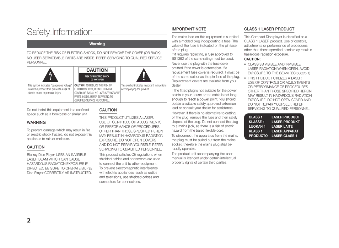 Samsung BD-f5500e Safety Information, Class 1 Laser product, This product Utilizes a Laser, Accompanying the product 