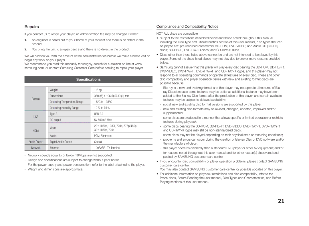 Samsung BD-f5500e user manual Repairs, Specifications, Compliance and Compatibility Notice 