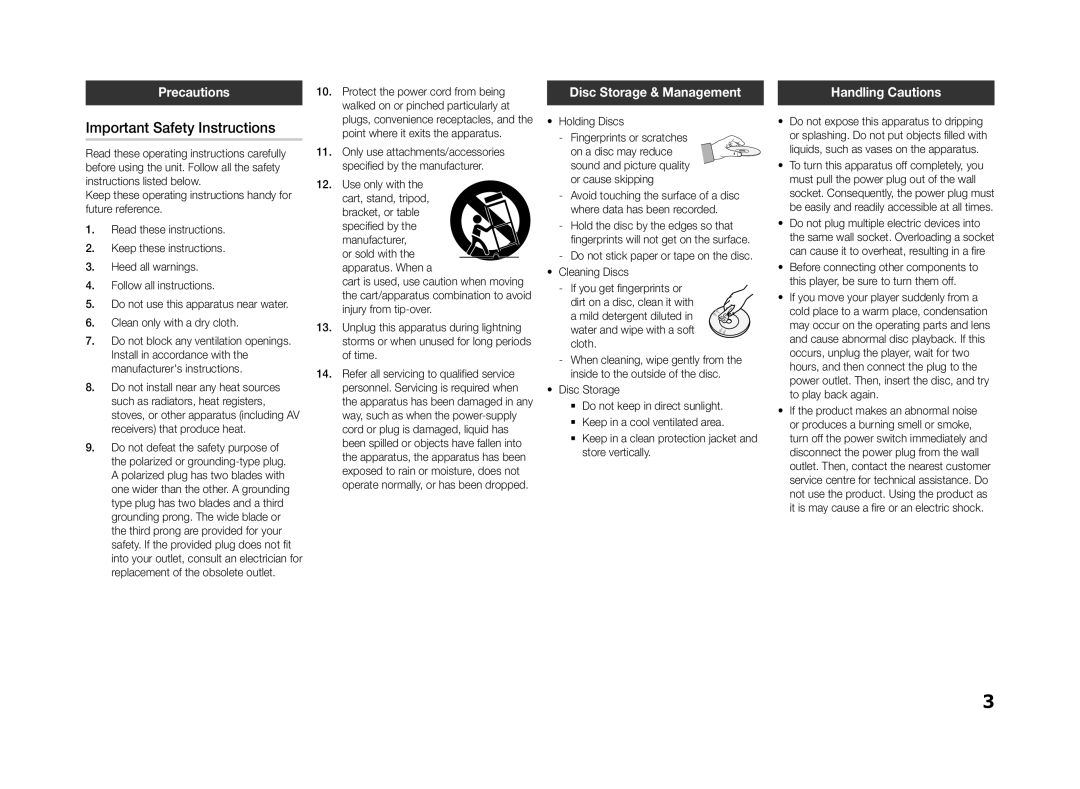 Samsung BD-f5500e user manual Important Safety Instructions, Precautions, Disc Storage & Management, Handling Cautions 