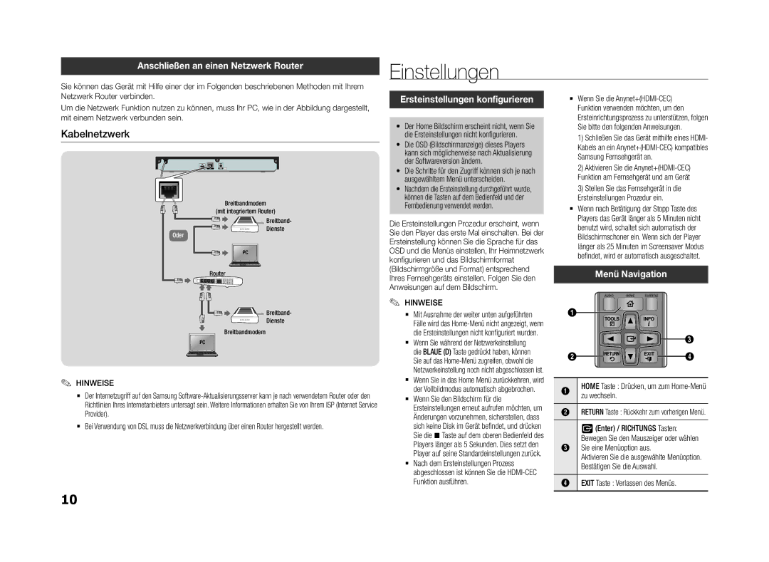 Samsung BD-f5500e user manual Einstellungen, Kabelnetzwerk, Anschließen an einen Netzwerk Router, Menü Navigation 