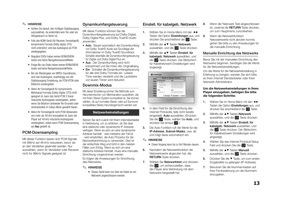 Samsung BD-f5500e user manual PCM-Downsampling, Downmix-Modus, Einstell. für kabelgeb. Netzwerk, Netzwerkeinstellungen 