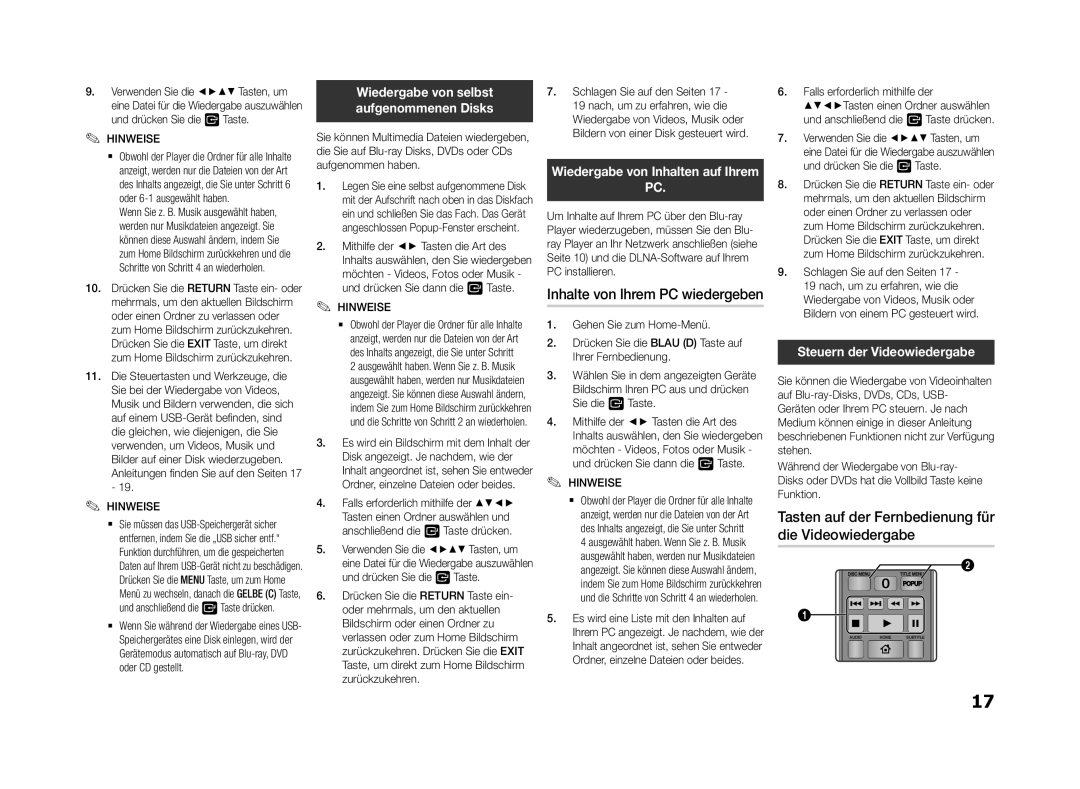 Samsung BD-f5500e user manual Tasten auf der Fernbedienung für die Videowiedergabe, Inhalte von Ihrem PC wiedergeben 