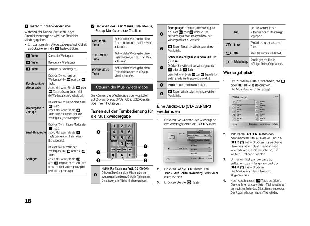 Samsung BD-f5500e user manual Eine Audio-CD CD-DA/MP3, Wiederholen, Die Musikwiedergabe, Wiedergabeliste 