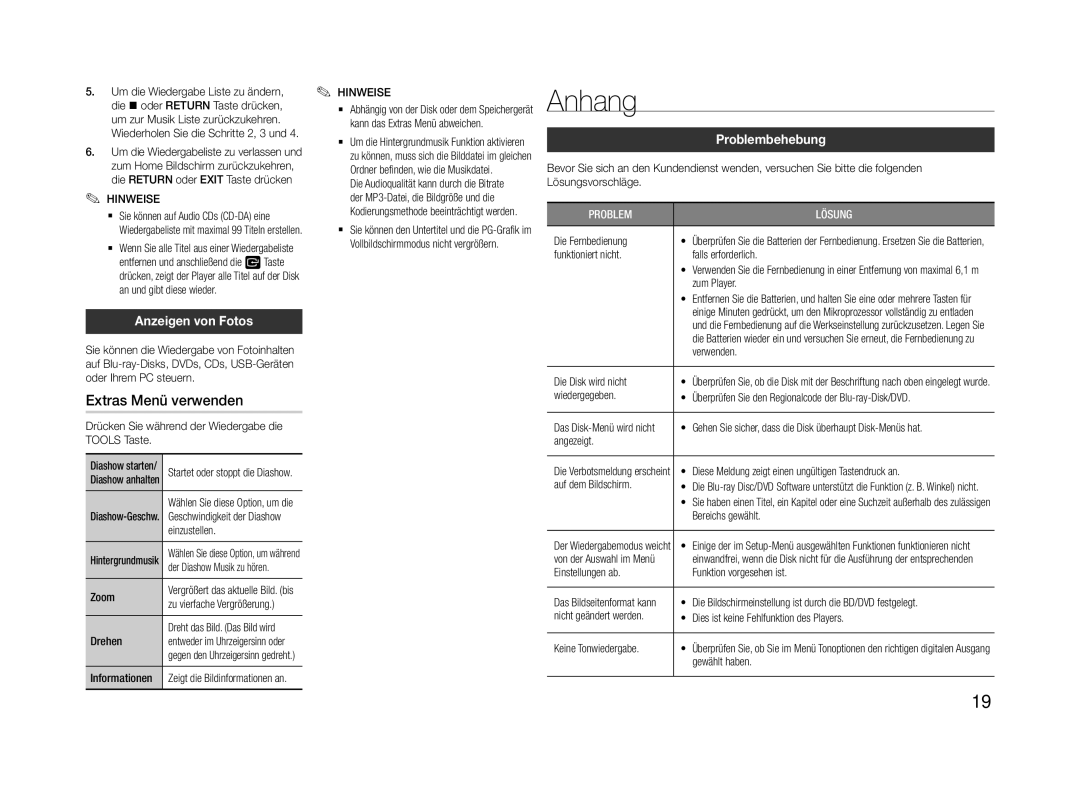 Samsung BD-f5500e user manual Anhang, Extras Menü verwenden, Anzeigen von Fotos, Problembehebung 