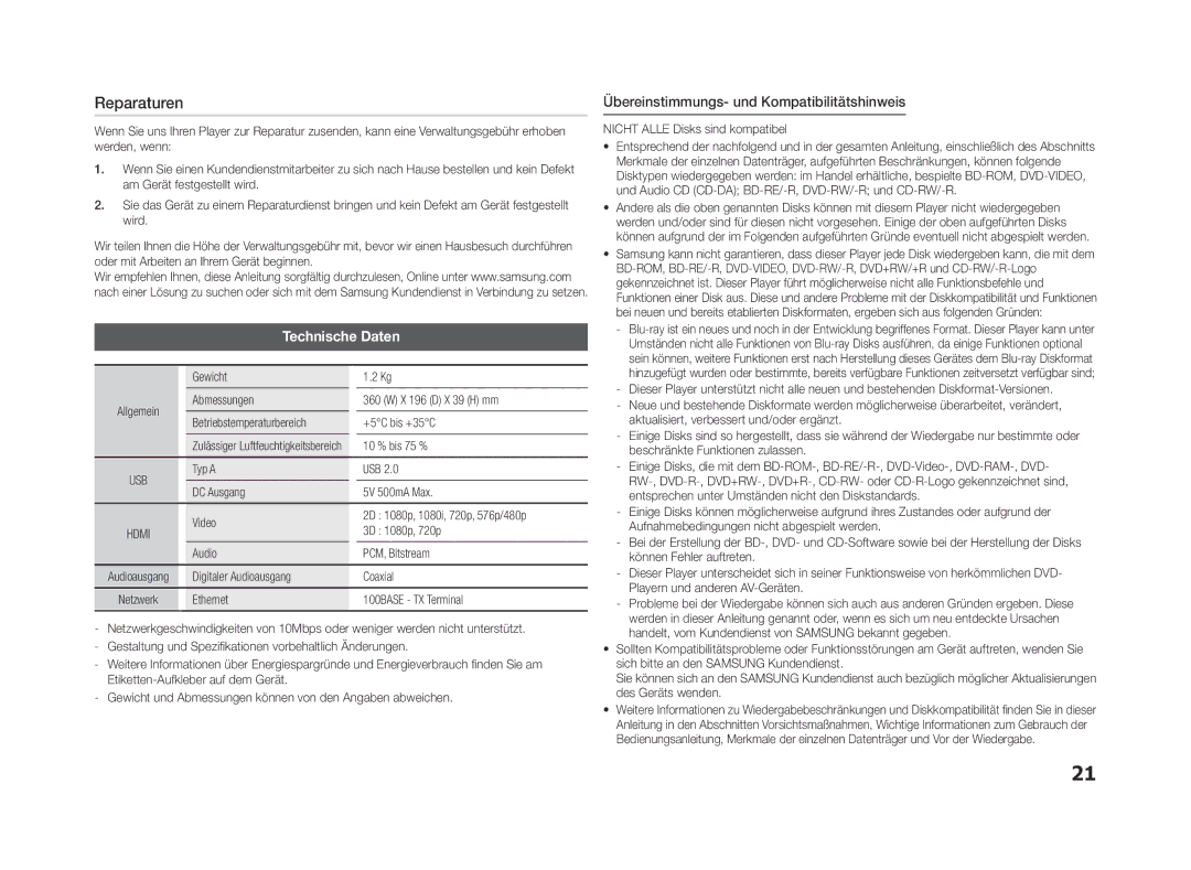 Samsung BD-f5500e user manual Reparaturen, Technische Daten, Übereinstimmungs- und Kompatibilitätshinweis 